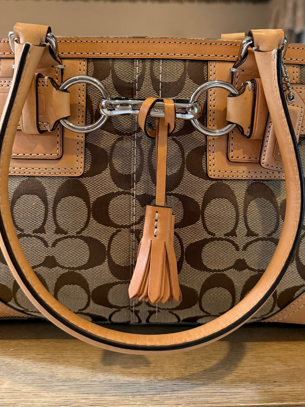 Coach Brown Signature Canvas Shoulder Bag with Tan Leather Trim